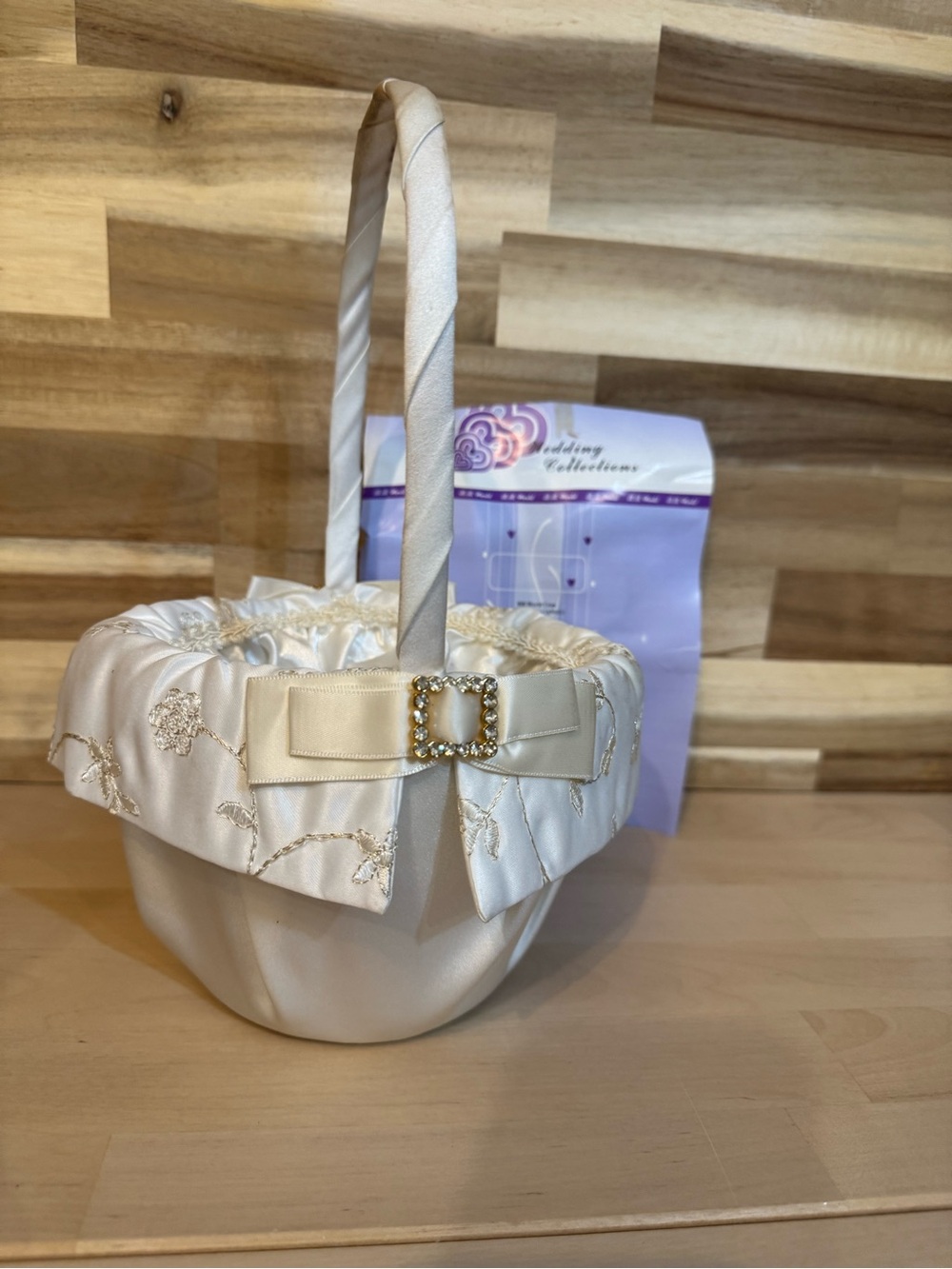 Elegant vintage White Satin Flower Girl Handbag with Embroidered Trim